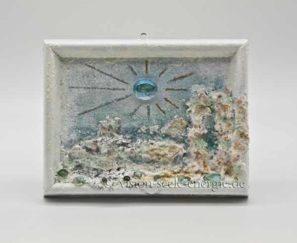 Silber-goldenes Kristallufer - Kristall-Relief - 16 x 12 cm - Original-Bild auf Holzgrund mit Rahmen