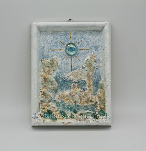 Goldenes Kristallufer - Kristall-Relief - 12 x 16 cm - Original-Bild auf Holzgrund mit Rahmen